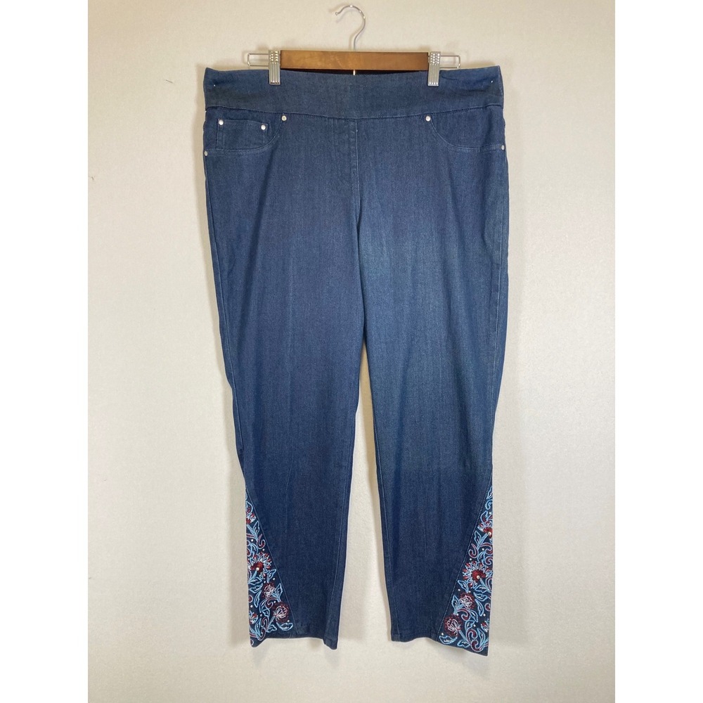 Boho Floral Ruby Rd. Womens 12 Blue Embroidered Pull-On Cropped Jeans 23100 QI